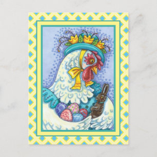 EASTER BONNET AND EGGS, SPRING CHICKEN Colourful Holiday Postcard