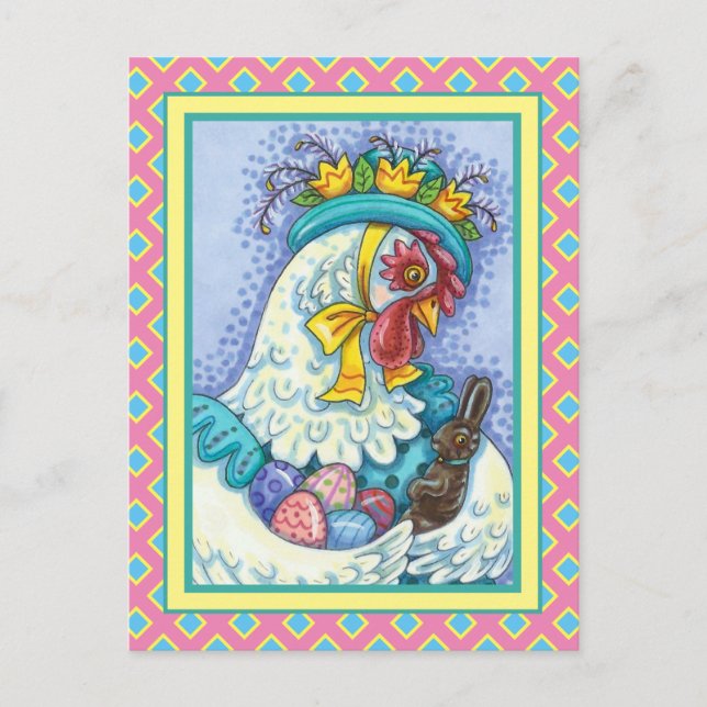EASTER BONNET AND EGGS, SPRING CHICKEN Colourful Holiday Postcard (Front)