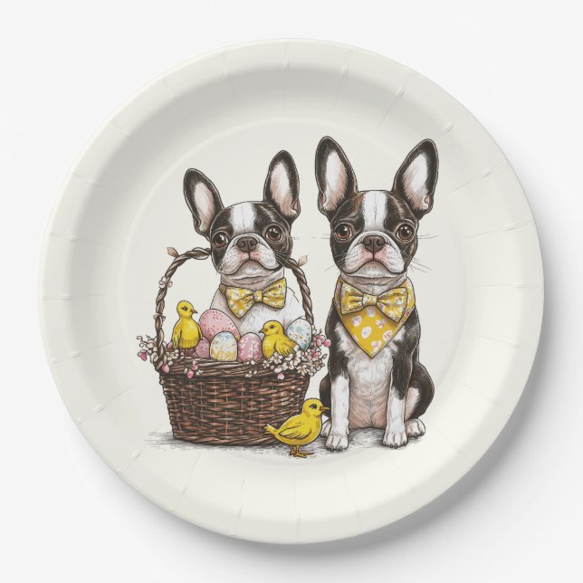 Easter Boston Terrier Dogs Paper Plate (Front)