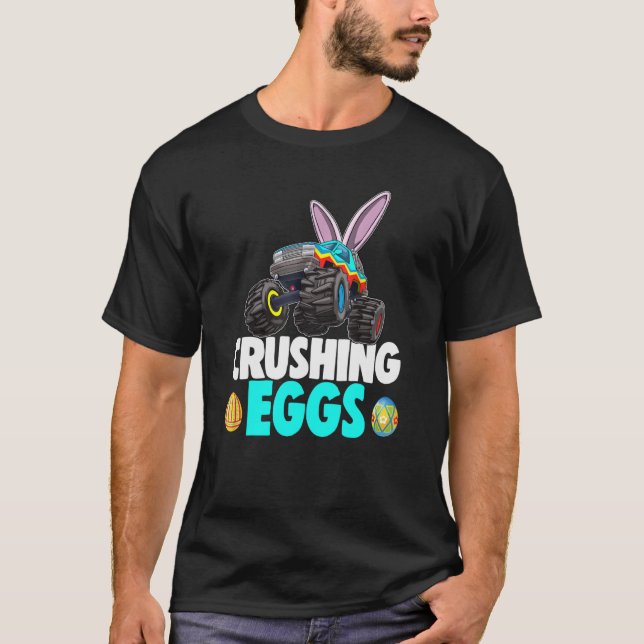 Easter Boy Monster Truck Crushing Egg Bunny Easter T-Shirt (Front)