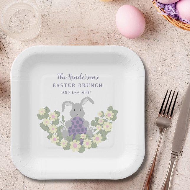 Easter Brunch and Egg Hunt Bunny Spring Floral Paper Plate (Personalized easter egg hunt cute bunny floral spring party paper plate)