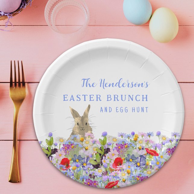 Easter Brunch and Egg Hunt Cute Bunny Floral Paper Plate (Personalized easter egg hunt spring brunch cute bunny wildflower floral paper plate)