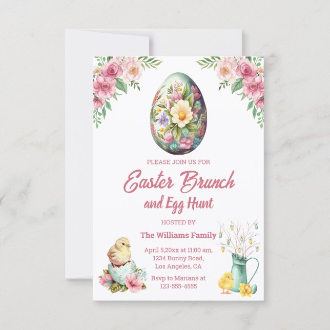 easter brunch and egg hunt, pink floral chickens invitation (Front)