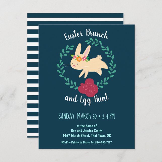 Easter Brunch and Egg Hunt Spring Bunny Navy Invitation (Front/Back)