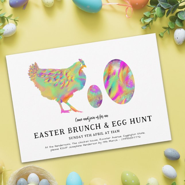 Easter Brunch and egg hunt watercolor modern Invitation (Easter spring brunch egg hunt colorful watercolor cute hen & eggs simple stylish garden party invite)
