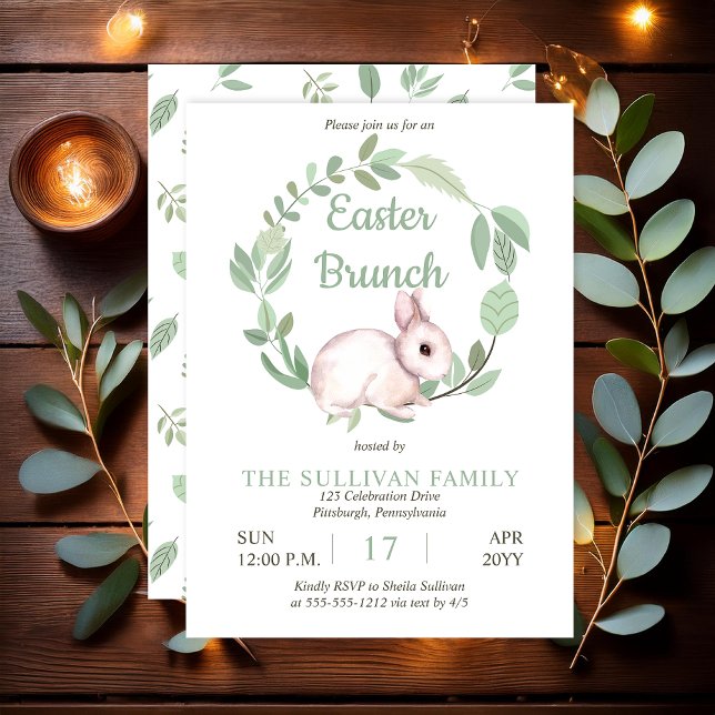 Easter Brunch Bunny Rabbit Sage Floral Wreath  Invitation (Cute Easter Bunny Rabbit and Eucalyptus Wreath Sage Green "Easter Brunch" Invitation - Print | Digi)