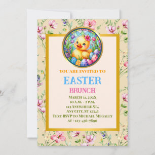 EASTER BRUNCH, Chick, Flowers, and Colourful Eggs Invitation