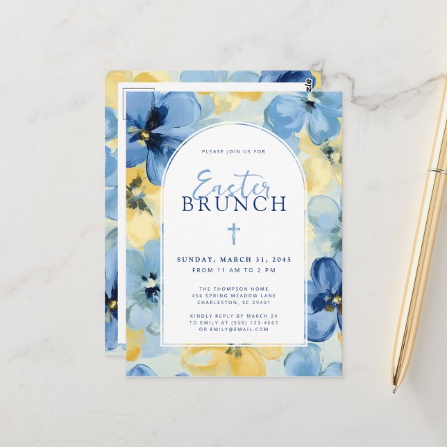 Easter Brunch Christian Spring Floral Blue Postcard (Front/Back In Situ)