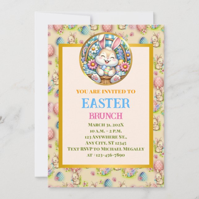 EASTER BRUNCH, Cute Bunny, Eggs, and Floral Invitation (Front)