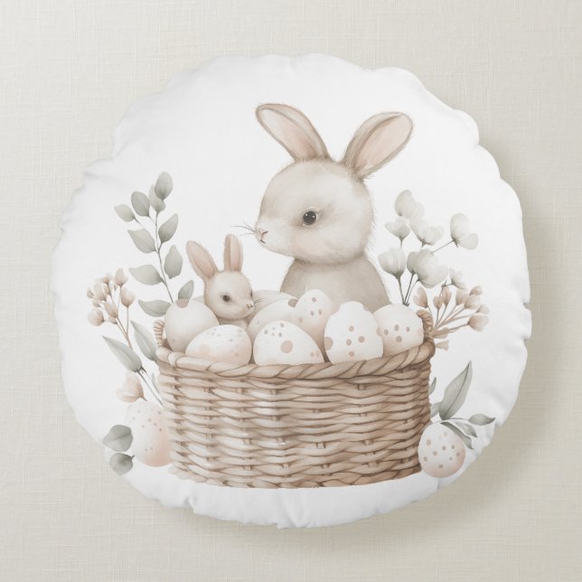 Easter Brunch & Egg Hunt Bunny Basket with Eggs Round Cushion (Front)