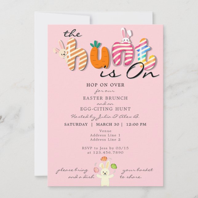 Easter Brunch Egg Hunt Bunny Colourful Pastel Pink Invitation (Front)