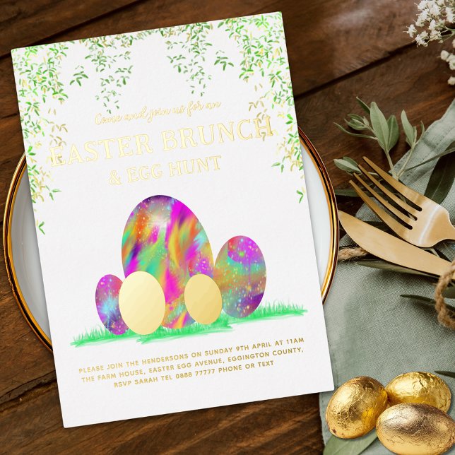 Easter Brunch Egg Hunt Colourful Watercolor Gold (Modern easter brunch and egg hunt colorful watercolor Easter egg art gold foil invitation)