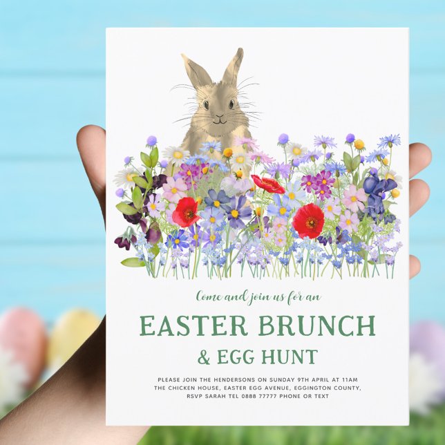 Easter Brunch Egg Hunt Cute Bunny Floral Invitation Postcard (Easter brunch and egg hunt boho wildflower watercolor  invitation)