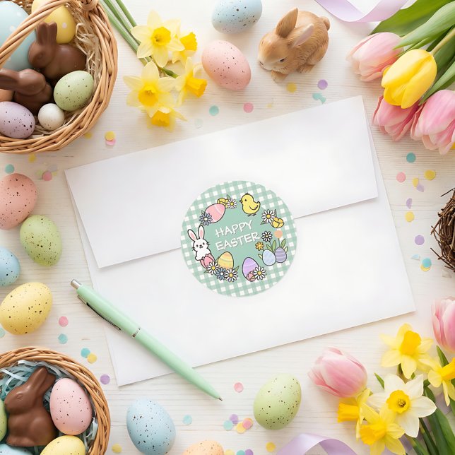 Easter Brunch & Egg Hunt Green Gingham Classic Round Sticker (Creator Uploaded)