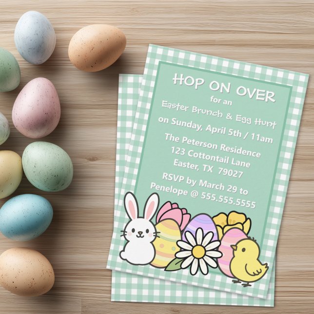 Easter Brunch & Egg Hunt Green Gingham Invitation (Creator Uploaded)