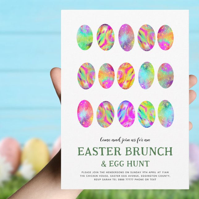 Easter Brunch Egg Hunt Watercolor modern Invitation (Trendy Easter brunch and egg hunt invitation colorful arty Easter egg pattern)
