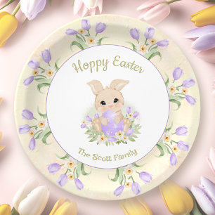 Easter Brunch Egg Hunt Yellow Purple Bunny Name Paper Plate