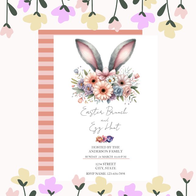 Easter Brunch Floral Modern Bunny Ears Invitation (Creator Uploaded)