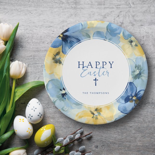  Easter Brunch Holiday Christian Cross Floral Blue Paper Plate (Creator Uploaded)
