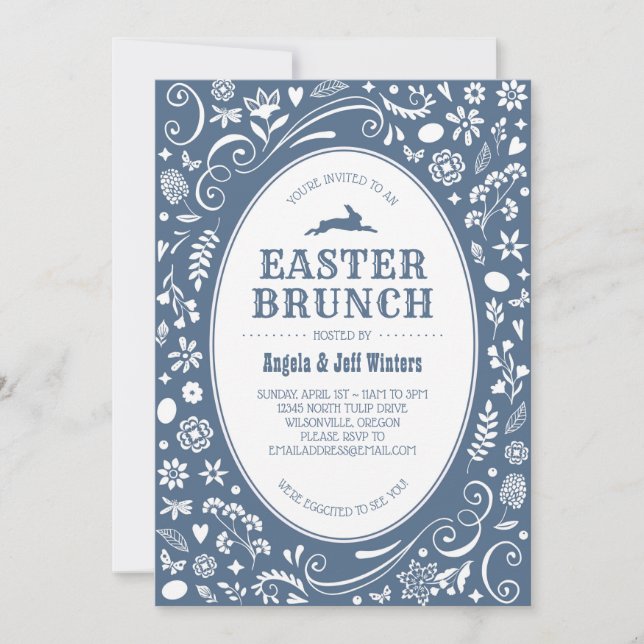 Easter Brunch in Denim Blue Floral Invitation (Front)