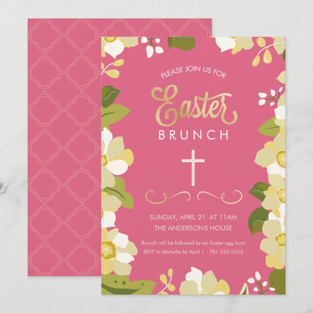 Easter Brunch Invitation w/ Flowers & Gold Accents (Front/Back)
