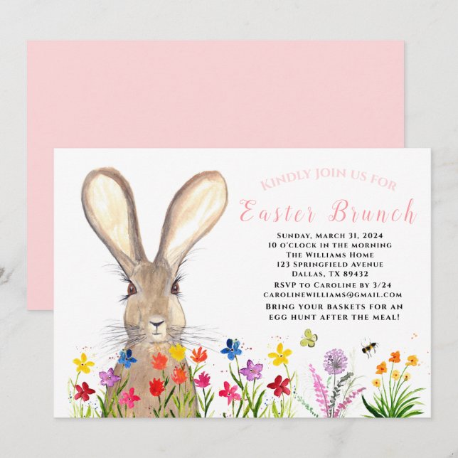 Easter Brunch Watercolor Bunny Rabbit Eggs Floral Invitation (Front/Back)