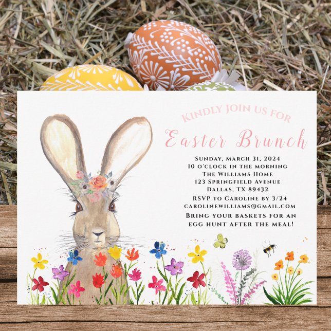 Easter Brunch Watercolor Bunny Rabbit Eggs Floral Invitation (Creator Uploaded)