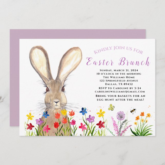 Easter Brunch Watercolor Bunny Rabbit Eggs Floral Invitation (Front/Back)