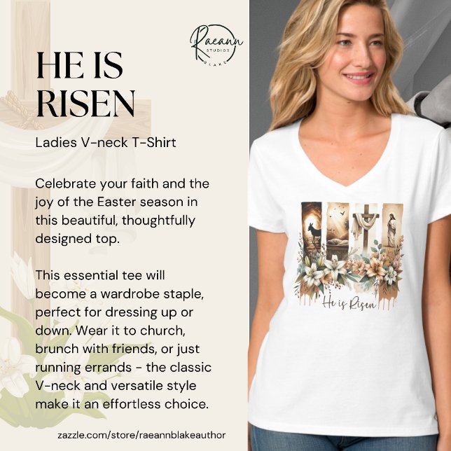 Easter Brushstroke 'He Is Risen' V-Neck T-Shirt (Creator Uploaded)