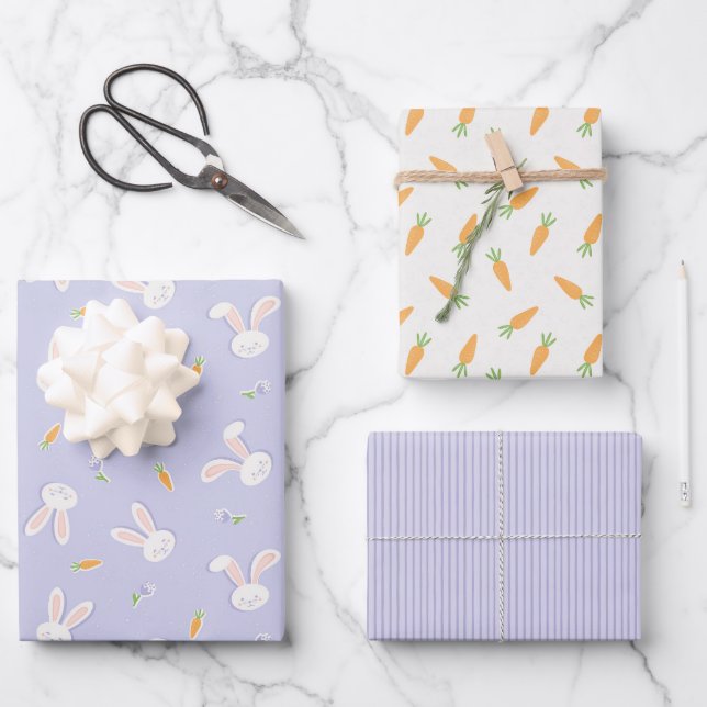 Easter Bunnies and Carrots Spring Wrapping Paper Sheet (Front)