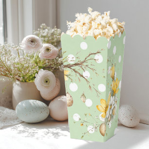 Easter, bunnies, and colorful eggs in a wicker bas favour box