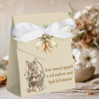 Easter, bunnies, and colorful eggs in a wicker bas favour box