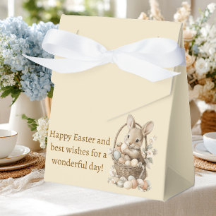 Easter, bunnies, and colorful eggs in a wicker bas favour box