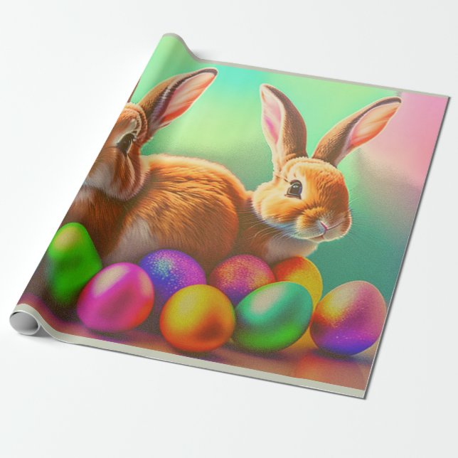 Easter Bunnies and Colourful Eggs Collection Wrapping Paper (Unrolled)