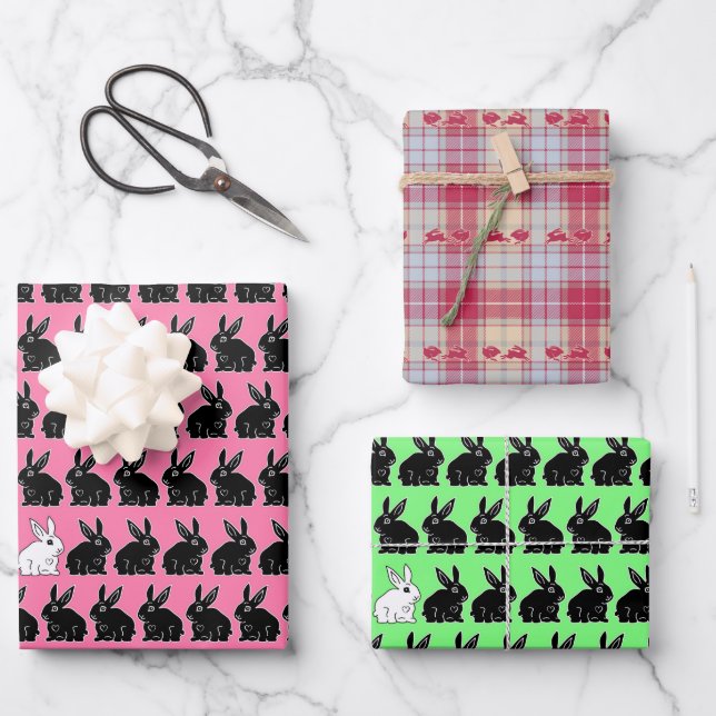 Easter Bunnies Black and White on Pink and Green Wrapping Paper Sheet (Front)