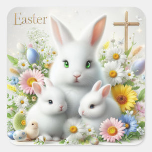 Easter Bunnies, Cross Envelope Seal Square Sticker