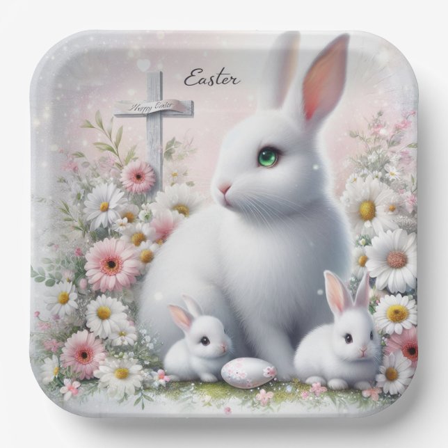 Easter Bunnies, Daisies and Cross Paper Plate (Front)
