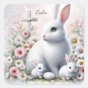 Easter Bunnies, Daisies and Cross Square Sticker