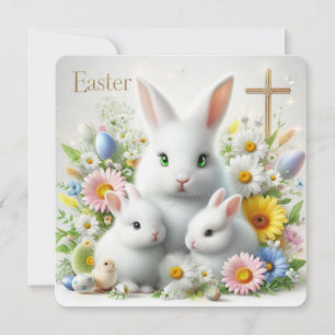 Easter Bunnies, Daisies, Wildflowers and a Cross Holiday Card