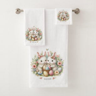 Easter Bunnies, Eggs and Flowers Bath Towel Set