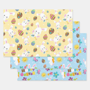EASTER BUNNIES EGGS AND FLOWERS WRAPPING PAPER SHEET