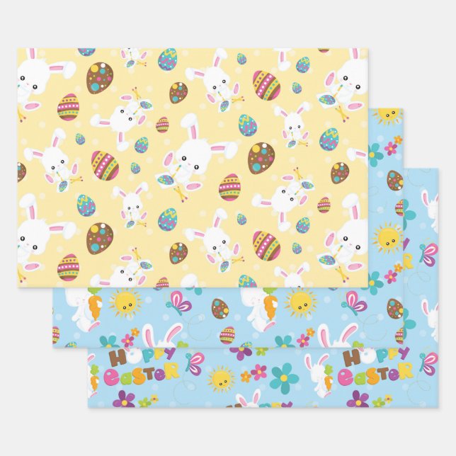 EASTER BUNNIES EGGS AND FLOWERS WRAPPING PAPER SHEET (Set)