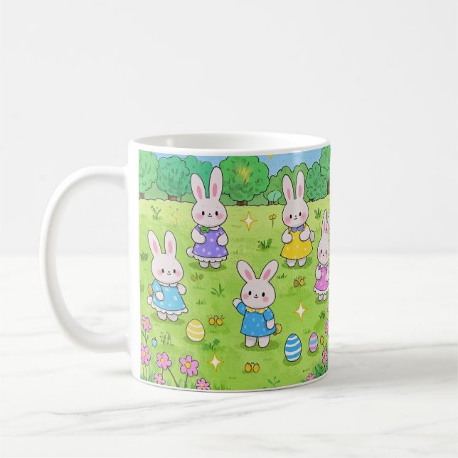 Easter Bunnies hiding eggs in a garden Coffee Mug (Left)