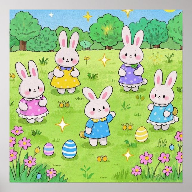 Easter Bunnies hiding eggs in a garden Poster (Front)