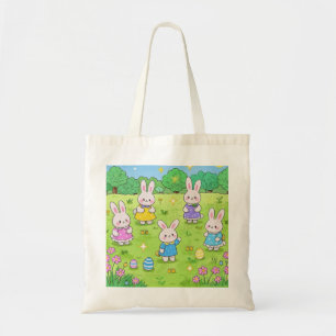 Easter Bunnies hiding eggs in a garden Tote Bag