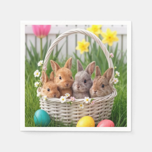 Easter Bunnies in a Wicker Basket Napkin (Front)