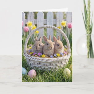 Easter Bunnies In a Wicker Basket on Grass Card