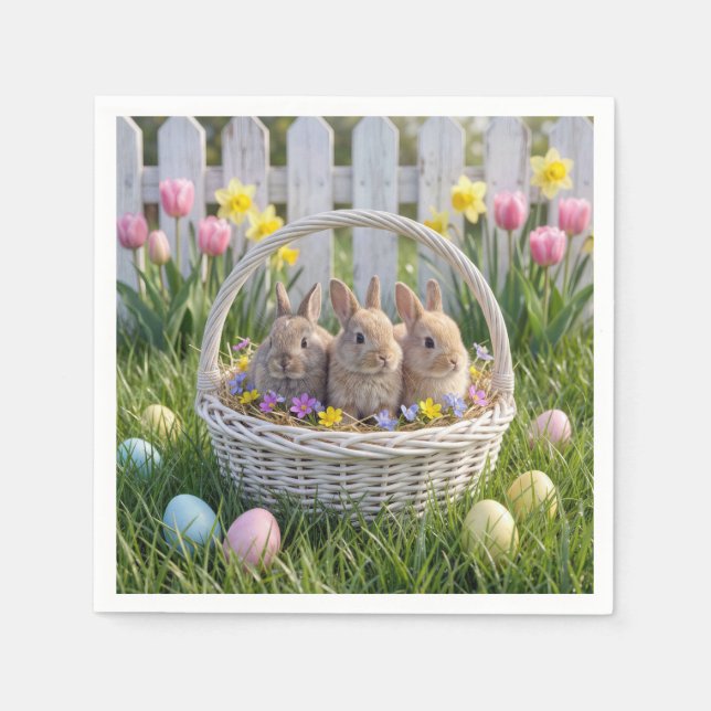 Easter Bunnies In a Wicker Basket on Grass Napkin (Front)