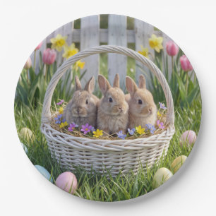 Easter Bunnies In a Wicker Basket on Grass Paper Plate