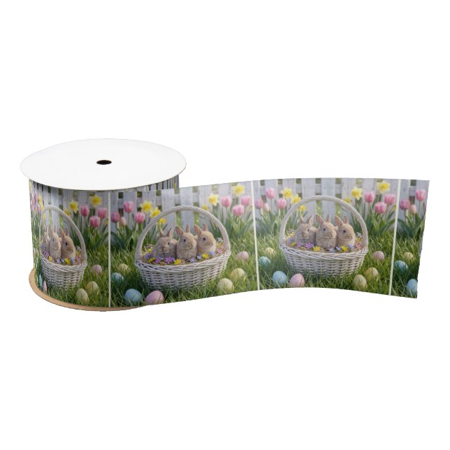 Easter Bunnies In a Wicker Basket on Grass Satin Ribbon (Spool)